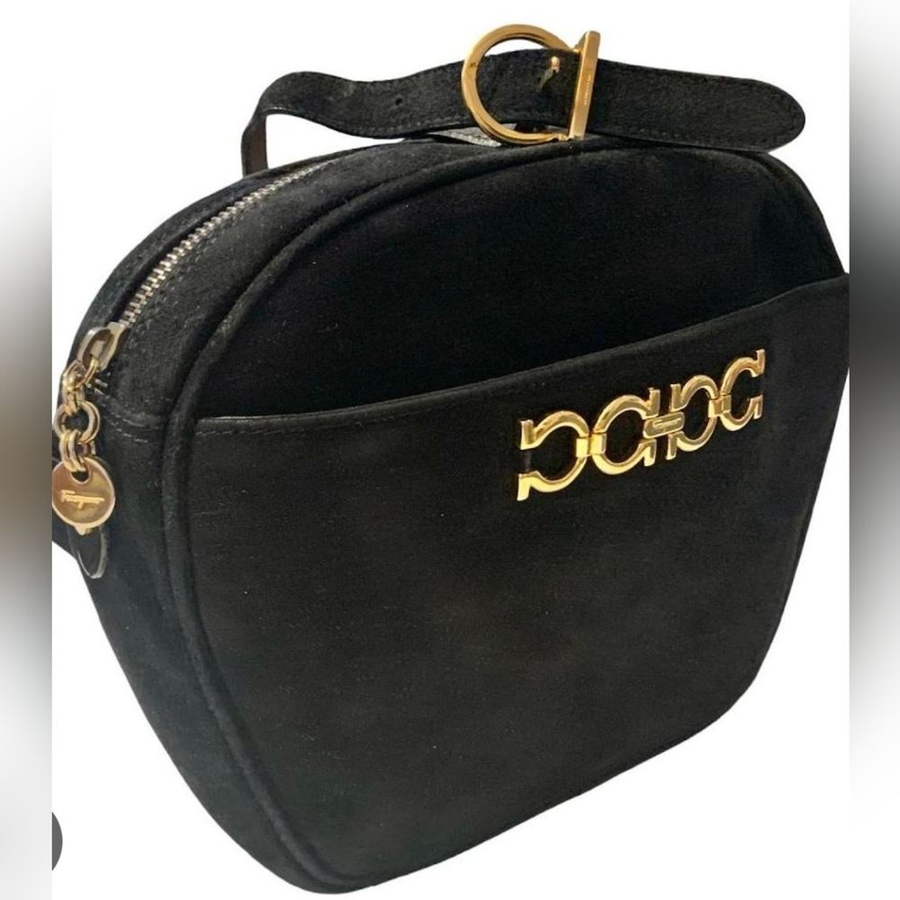 Ferragamo Black Suede Bag with Gold Accents - Picture 1 of 15